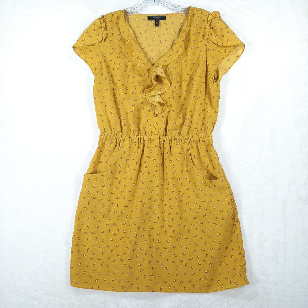 Jessica Simpson Mustard Yellow High Heel Polka Dot Ruffle V-Neck Dress Large